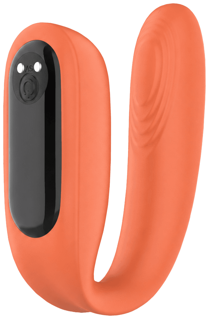 The Duo Pleasure couple vibrator in coral, a U-shaped body worn together