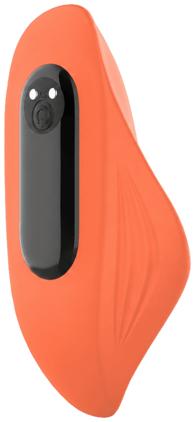 The LayOn Vibrator in coral, a broad contoured pad with a black control panel